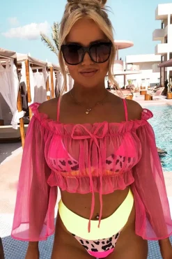 Rebellious Fashion Hot Pink Mesh Frill Bardot Top - Rowe