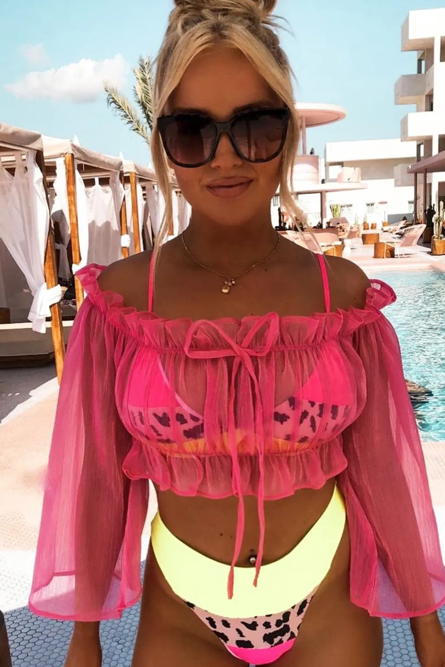 Rebellious Fashion Hot Pink Mesh Frill Bardot Top - Rowe