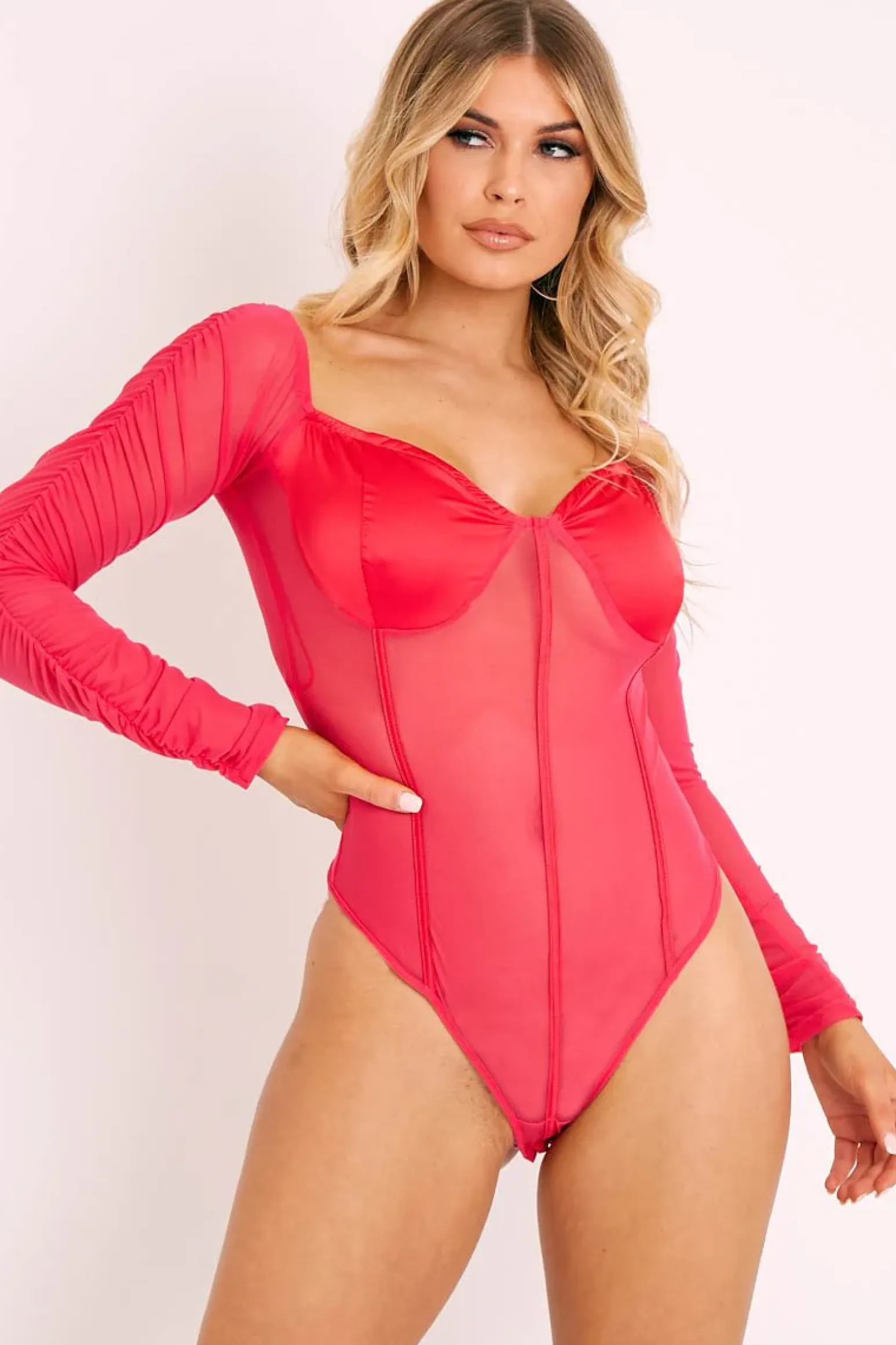 Rebellious Fashion Hot Pink Satin Corset Ruched Arm Bodysuit - Hartlee