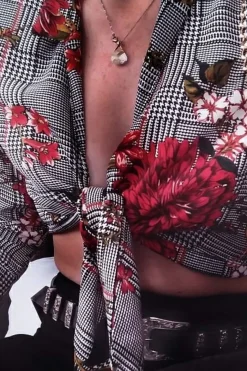 Rebellious Fashion Hounds Tooth Floral Print Tie Front Crop Top - Kaylie
