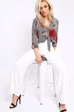 Rebellious Fashion Hounds Tooth Floral Print Tie Front Crop Top - Kaylie