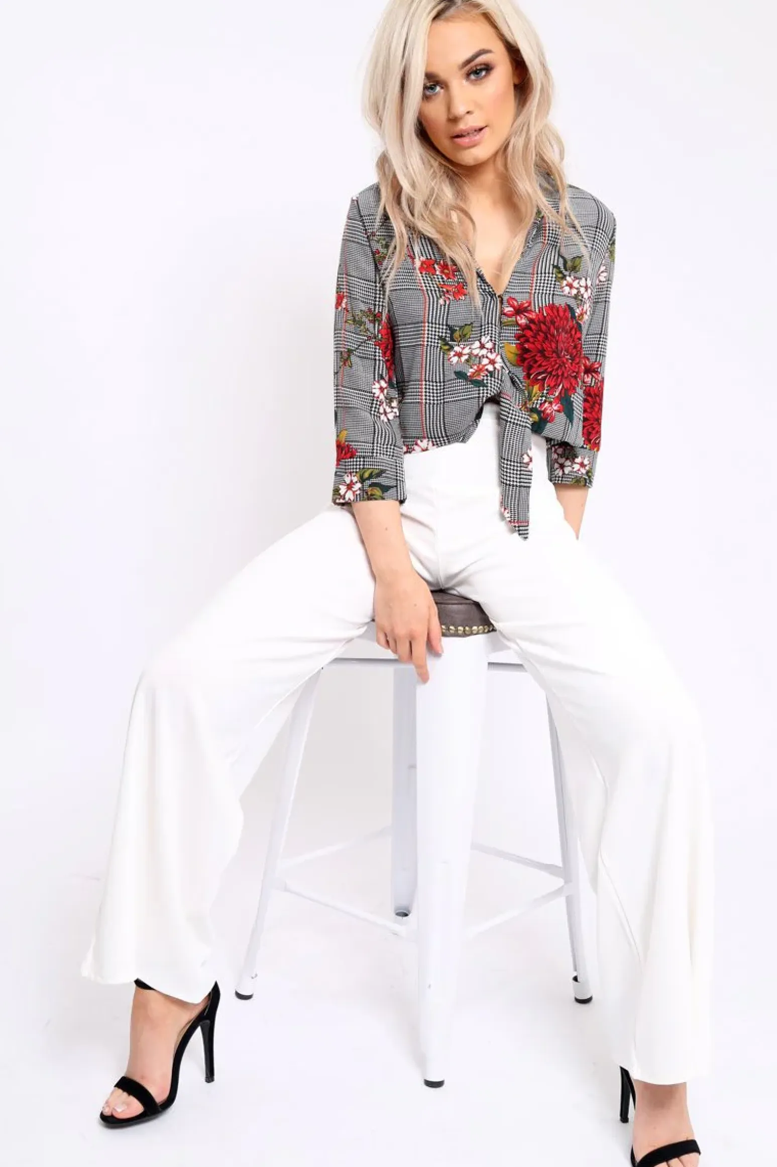 Rebellious Fashion Hounds Tooth Floral Print Tie Front Crop Top - Kaylie