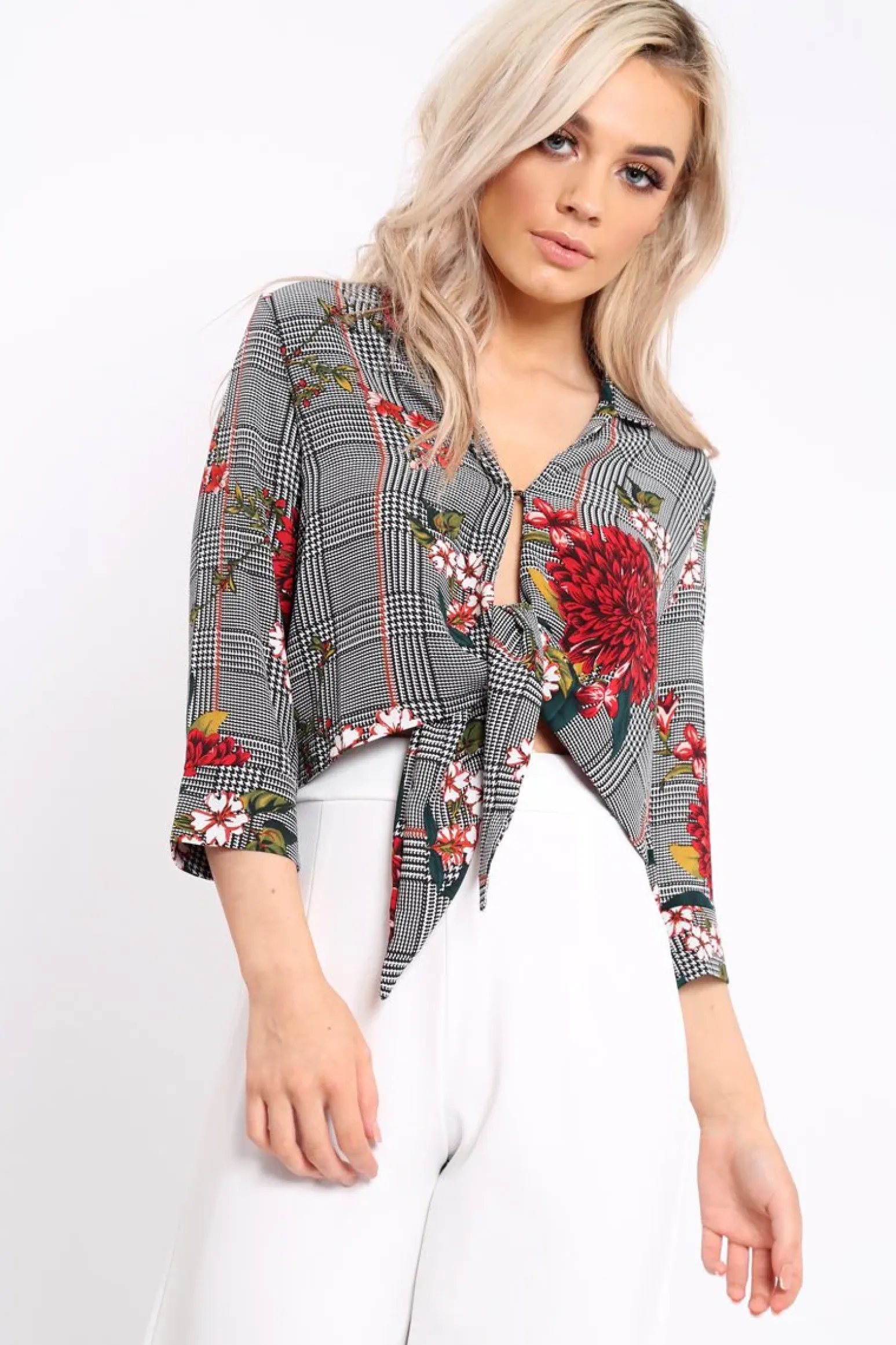 Rebellious Fashion Hounds Tooth Floral Print Tie Front Crop Top - Kaylie
