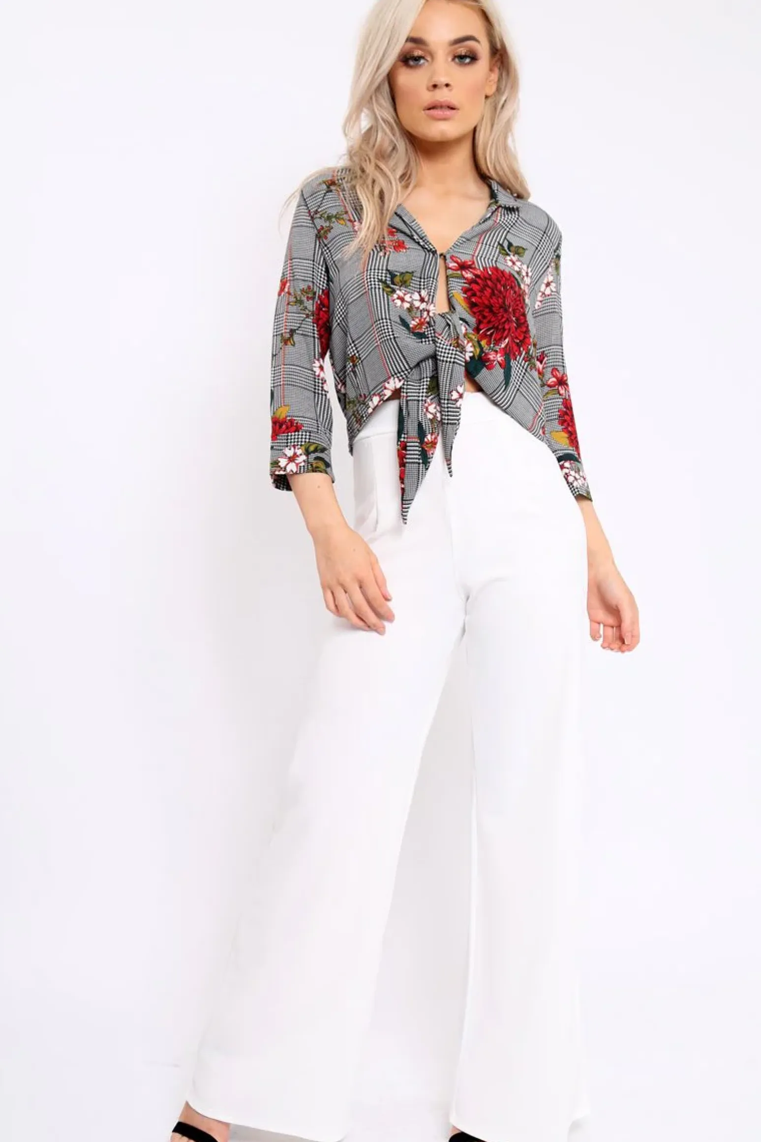 Rebellious Fashion Hounds Tooth Floral Print Tie Front Crop Top - Kaylie