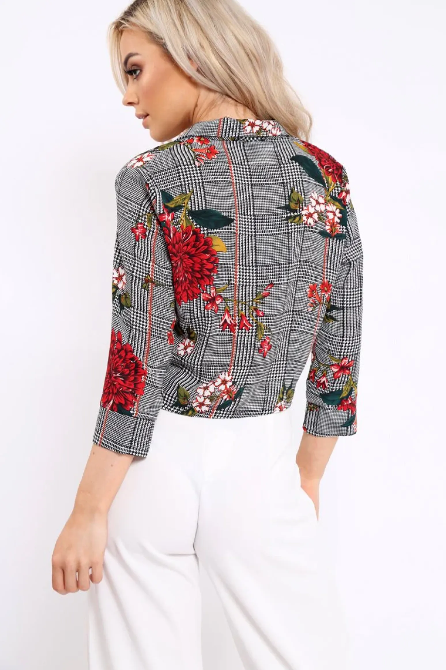 Rebellious Fashion Hounds Tooth Floral Print Tie Front Crop Top - Kaylie