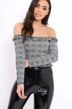 Rebellious Fashion Hounds-Tooth Frill Bardot Crop Top - Benita
