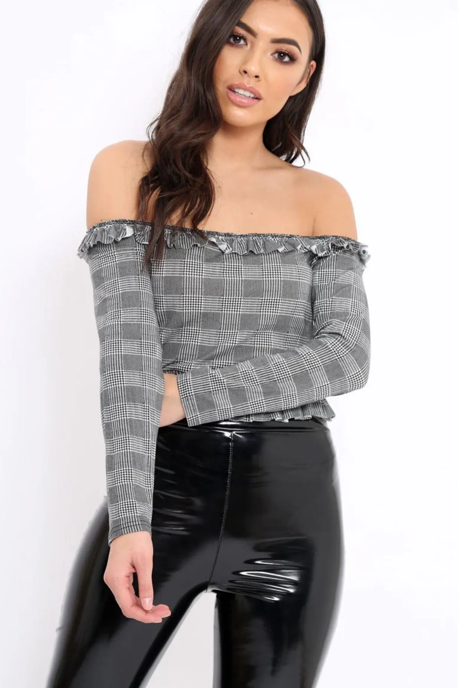 Rebellious Fashion Hounds-Tooth Frill Bardot Crop Top - Benita