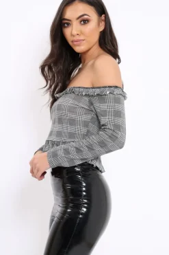 Rebellious Fashion Hounds-Tooth Frill Bardot Crop Top - Benita
