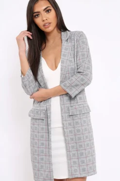 Rebellious Fashion Hounds-tooth Red Tartan Long Blazer - Kerrie