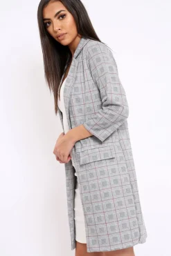 Rebellious Fashion Hounds-tooth Red Tartan Long Blazer - Kerrie