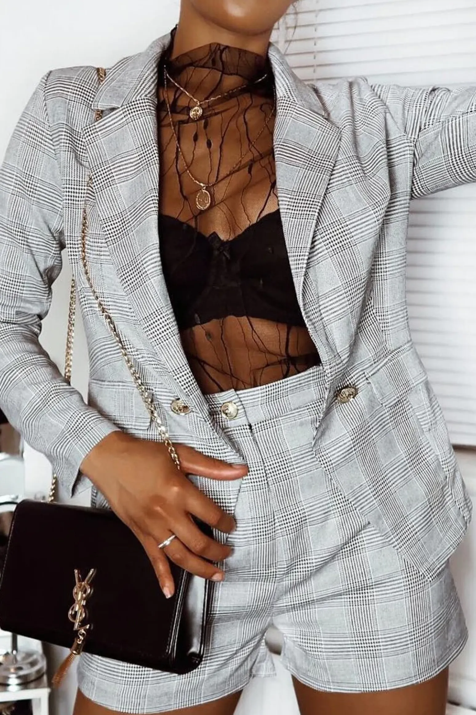 Rebellious Fashion Hounds-tooth Tailored Blazer and Shorts Co-ord - Catie