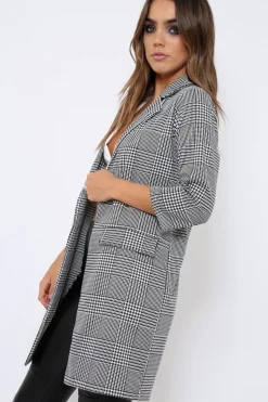 Rebellious Fashion Hounds-tooth Tartan Long Blazer - Kerrie