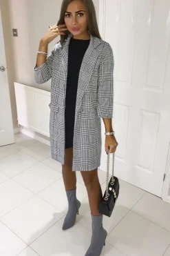 Rebellious Fashion Hounds-tooth Tartan Long Blazer - Kerrie