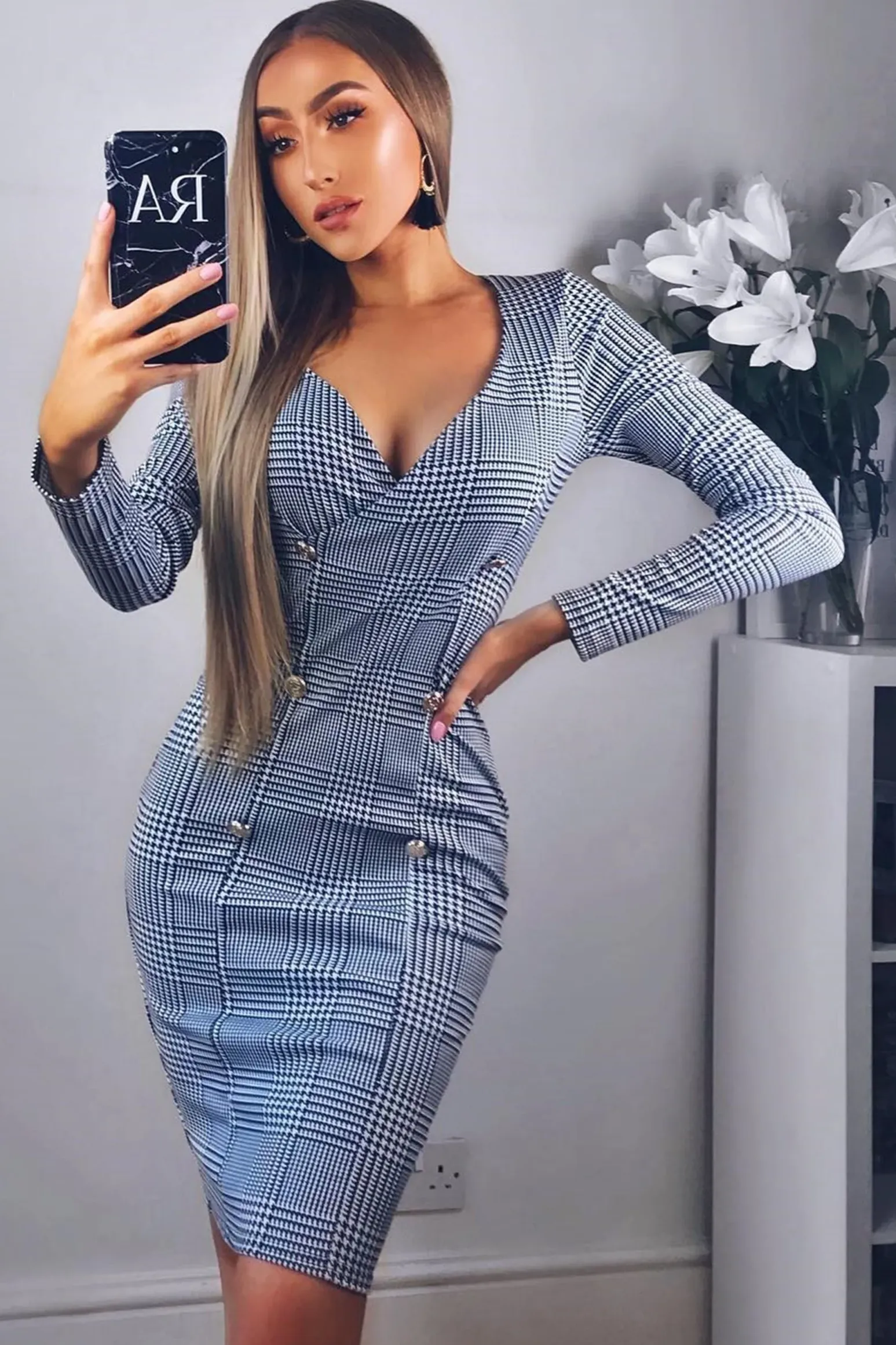 Rebellious Fashion Hound-Tooth Button Detail Blazer Midi Dress - Sariah