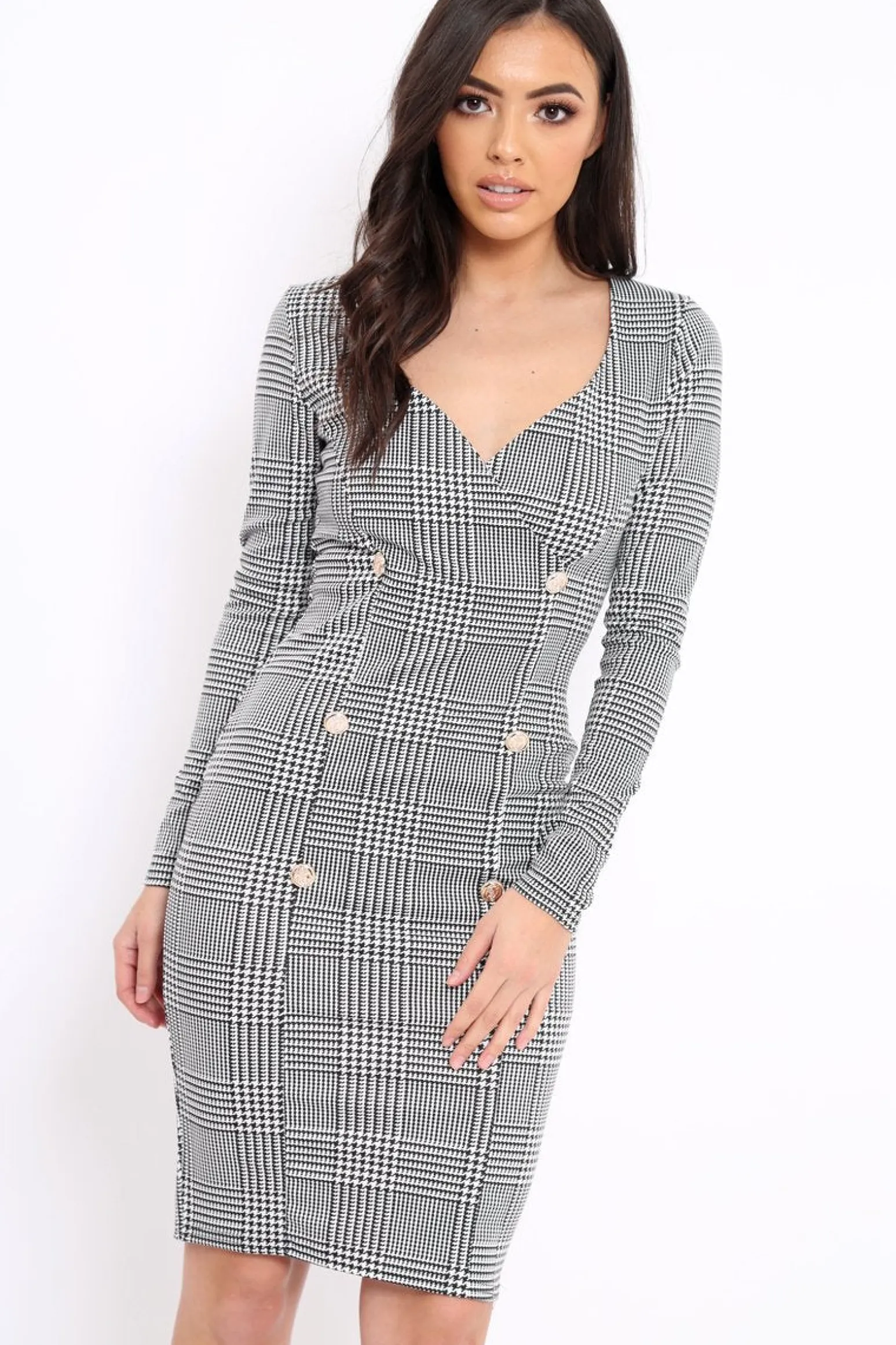 Rebellious Fashion Hound-Tooth Button Detail Blazer Midi Dress - Sariah