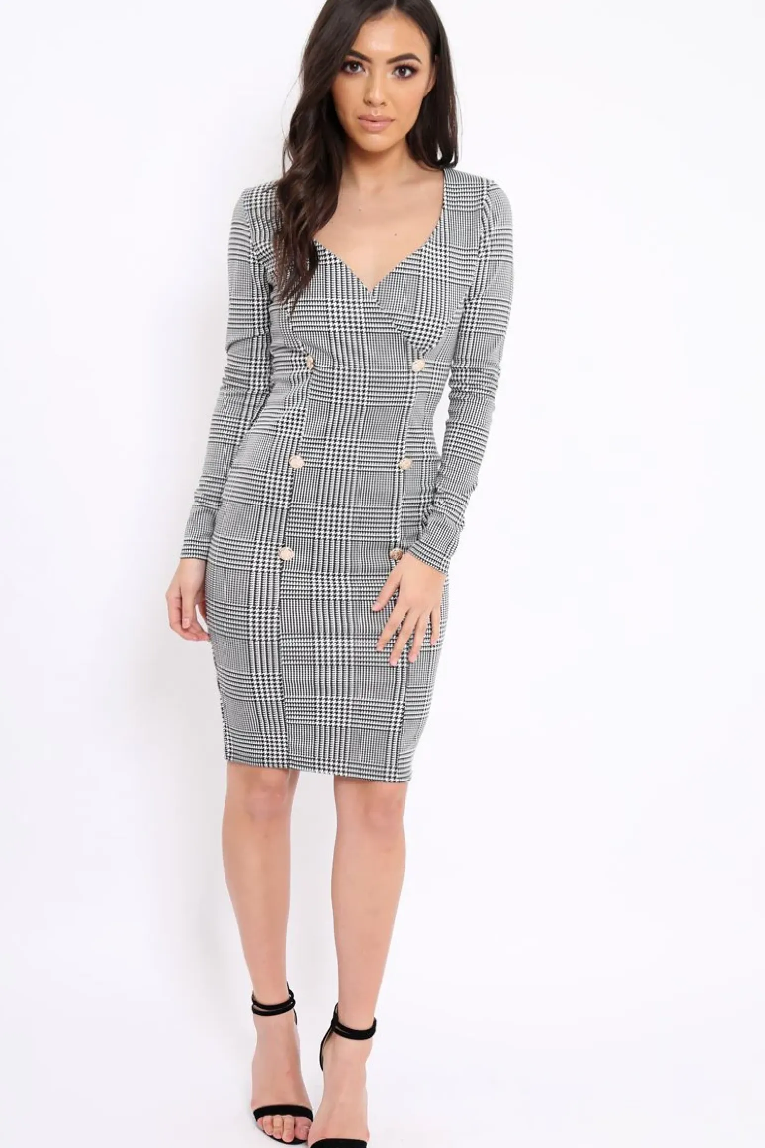 Rebellious Fashion Hound-Tooth Button Detail Blazer Midi Dress - Sariah