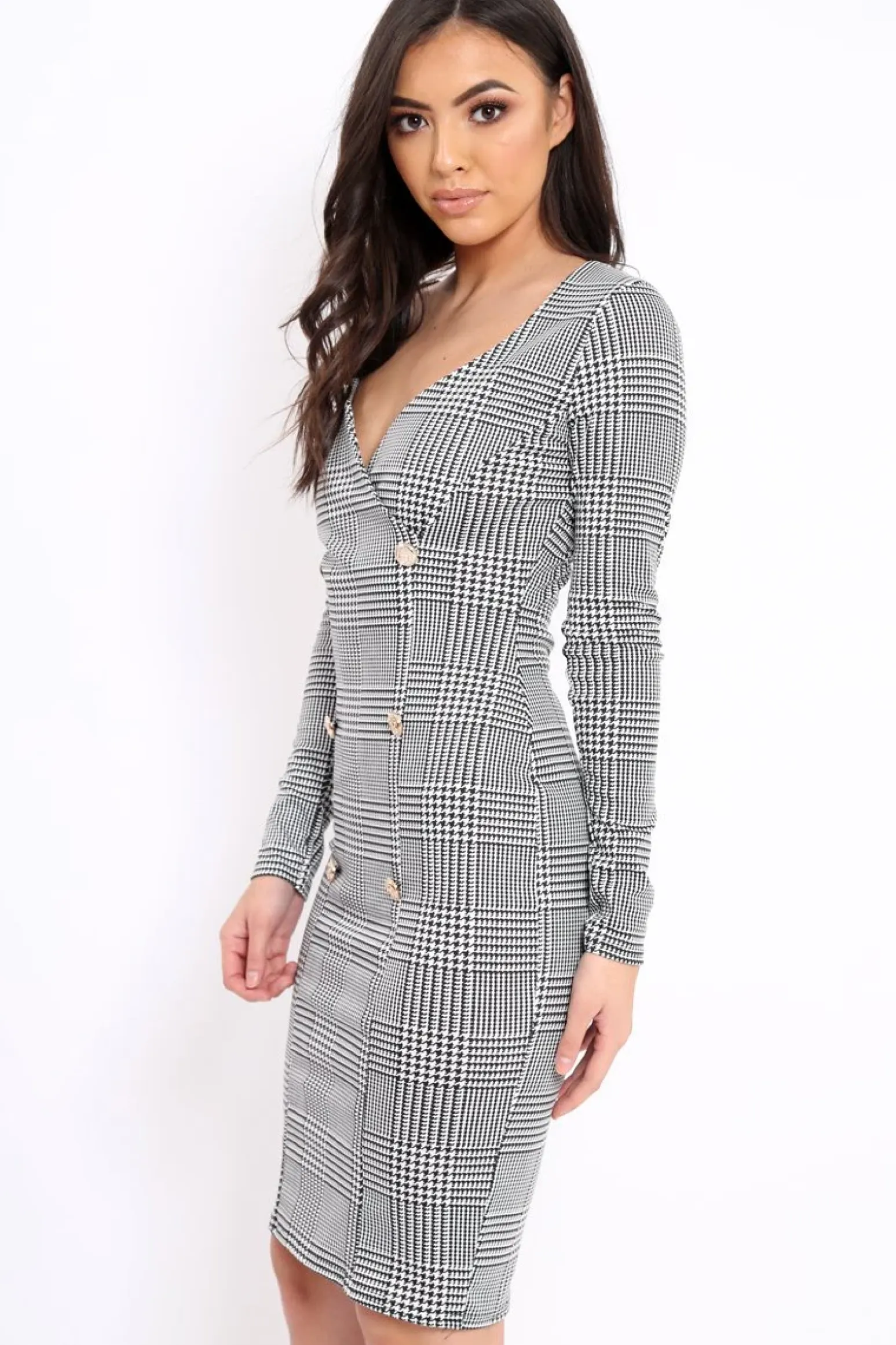 Rebellious Fashion Hound-Tooth Button Detail Blazer Midi Dress - Sariah