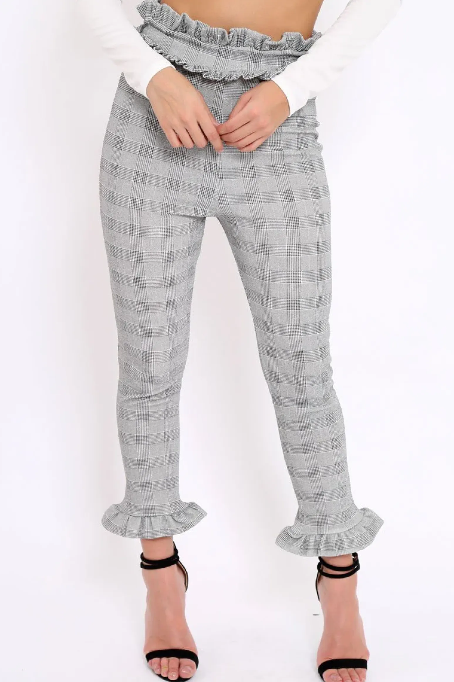 Rebellious Fashion Hound-Tooth Frill Hem Trousers - Adella