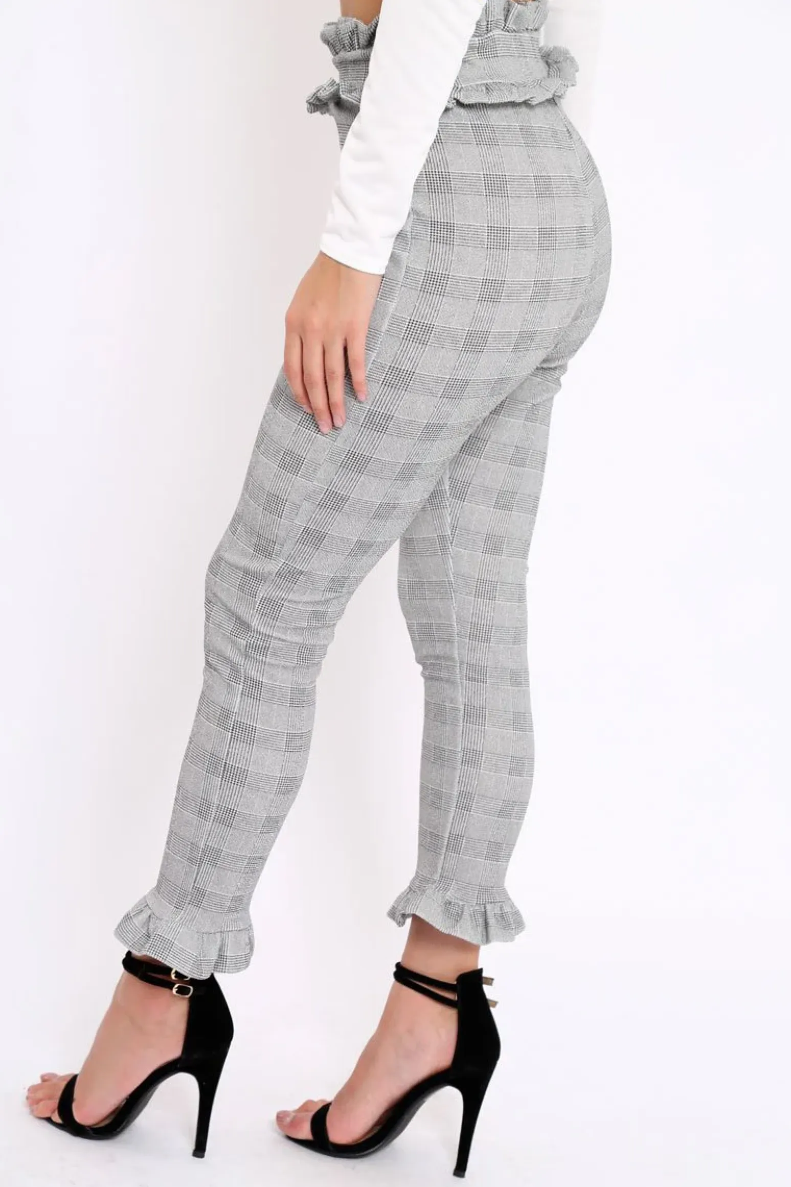 Rebellious Fashion Hound-Tooth Frill Hem Trousers - Adella