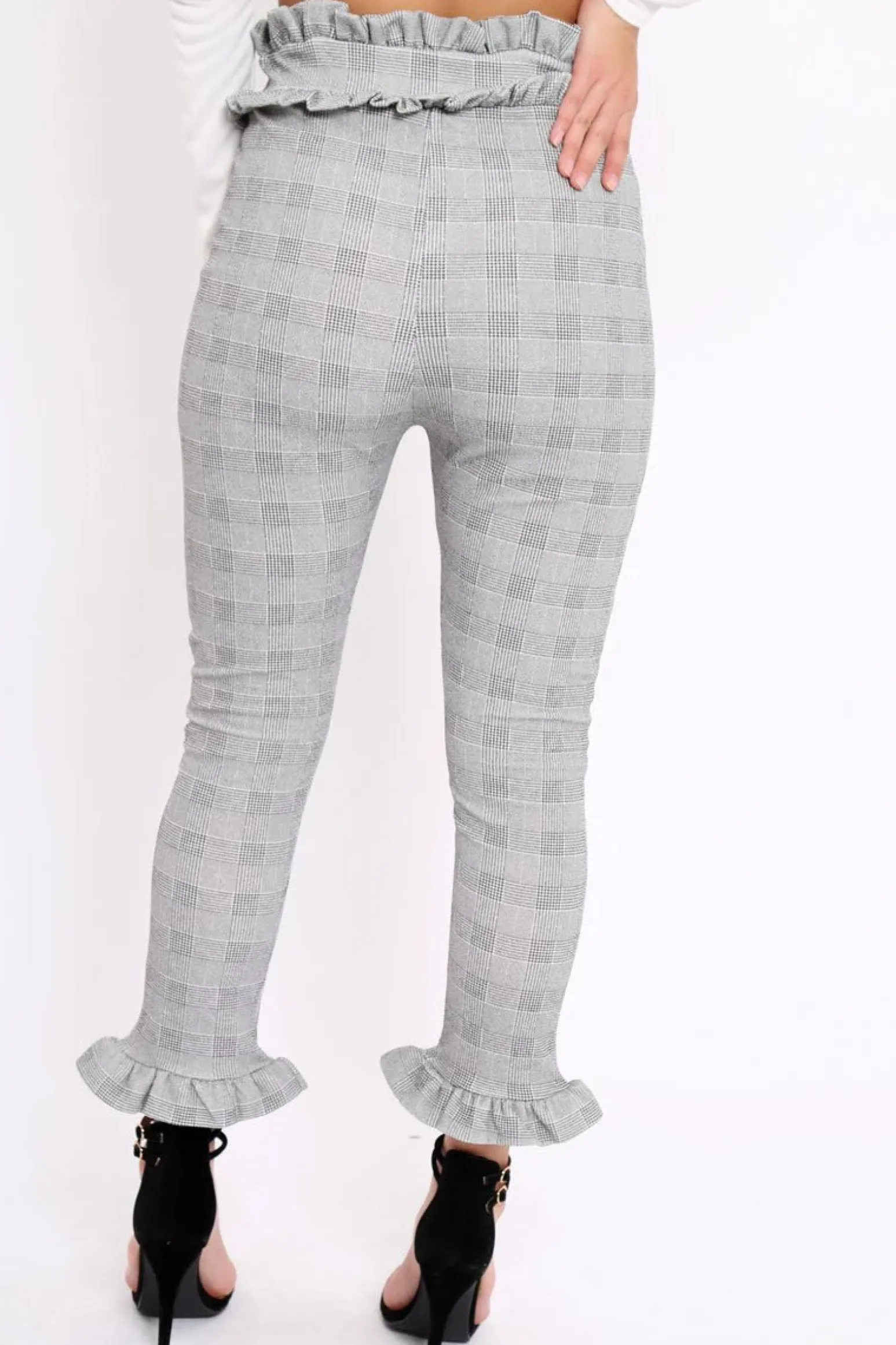 Rebellious Fashion Hound-Tooth Frill Hem Trousers - Adella