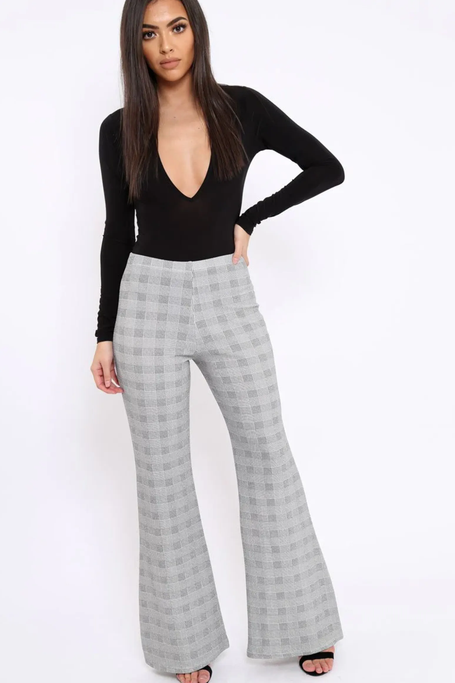 Rebellious Fashion Hound-Tooth High Waist Flare Trousers -Tisha