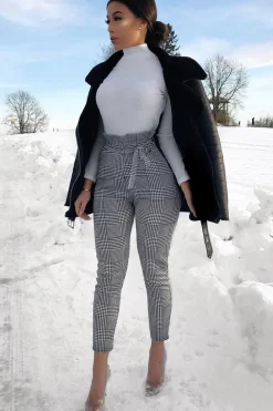 Rebellious Fashion Hound-Tooth Paper Bag Tie Waist Cigarette Trousers - Karmen