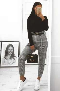 Rebellious Fashion Hound-Tooth Paper Bag Tie Waist Cigarette Trousers - Karmen