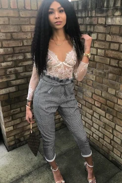 Rebellious Fashion Hound-Tooth Paper Bag Tie Waist Cigarette Trousers - Karmen
