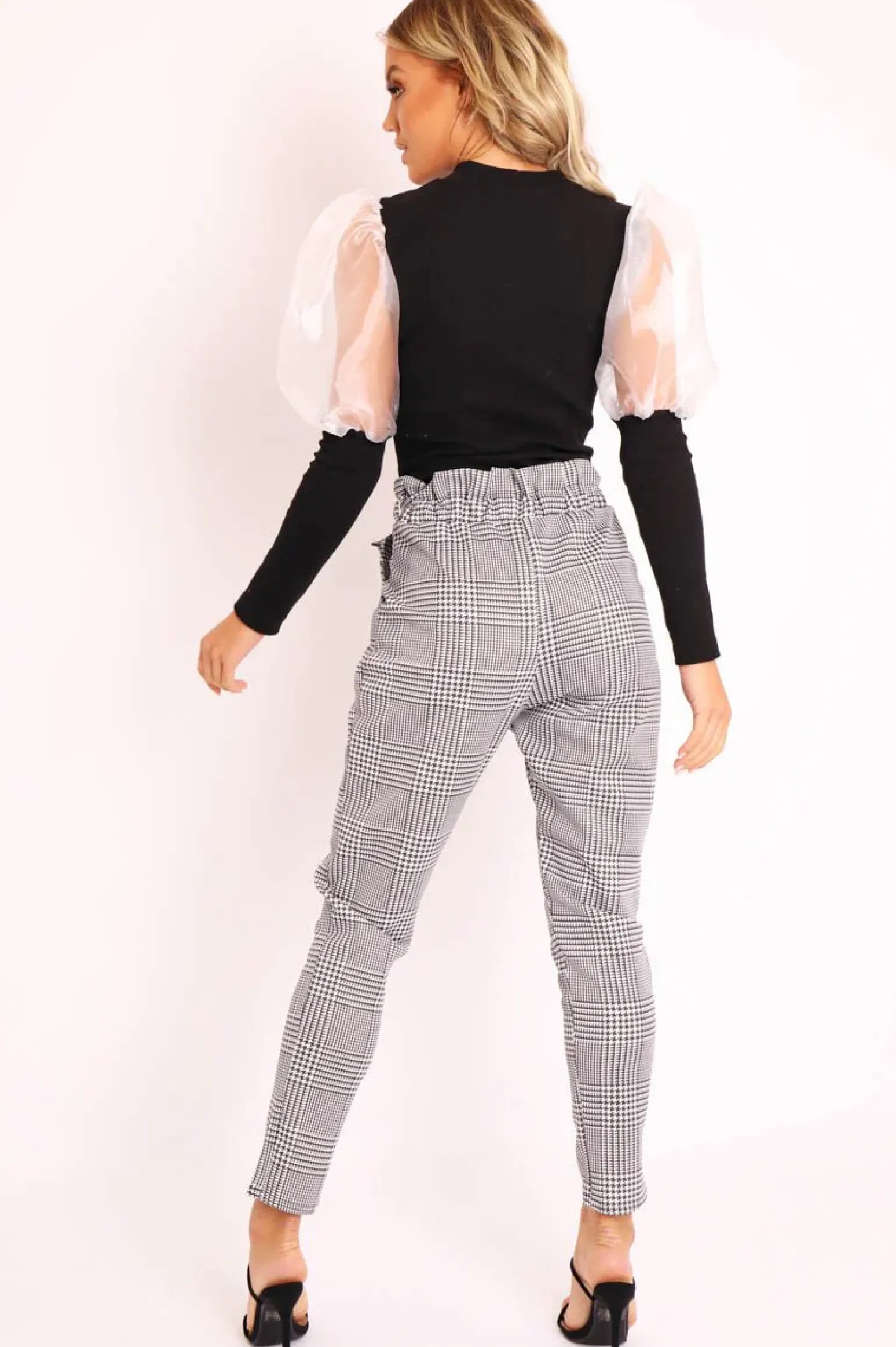 Rebellious Fashion Hound-Tooth Paper Bag Tie Waist Cigarette Trousers - Karmen