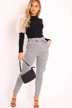 Rebellious Fashion Hound-Tooth Paper Bag Tie Waist Cigarette Trousers - Karmen