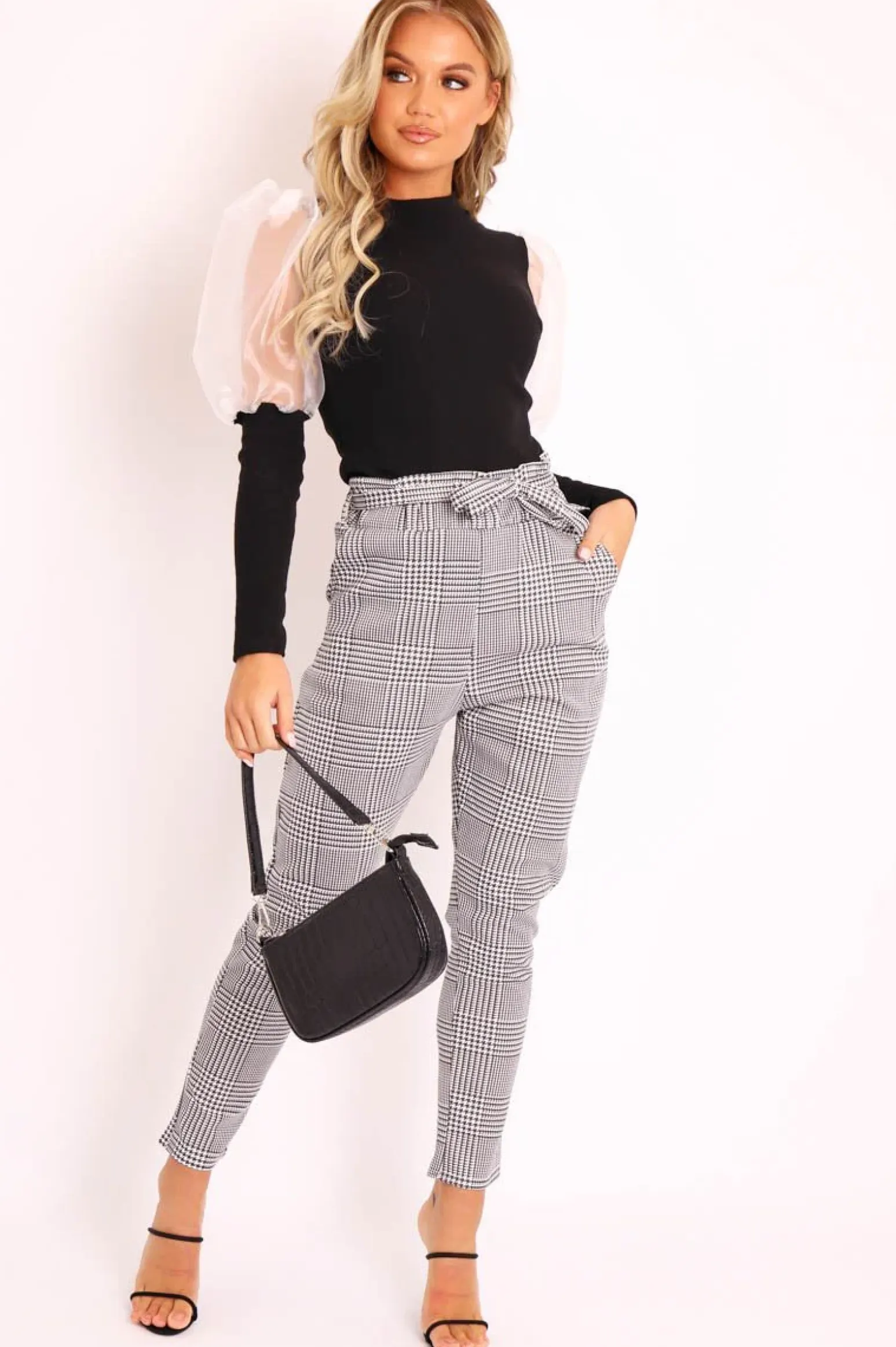 Rebellious Fashion Hound-Tooth Paper Bag Tie Waist Cigarette Trousers - Karmen