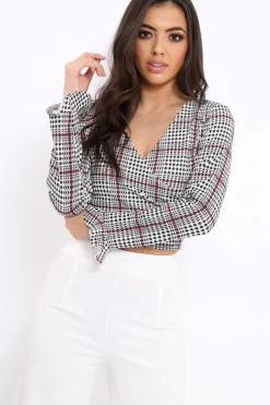 Rebellious Fashion Hound-Tooth Plunge Bell Sleeve Crop Top - Kryanna