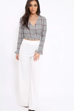 Rebellious Fashion Hound-Tooth Plunge Bell Sleeve Crop Top - Kryanna