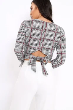 Rebellious Fashion Hound-Tooth Plunge Bell Sleeve Crop Top - Kryanna