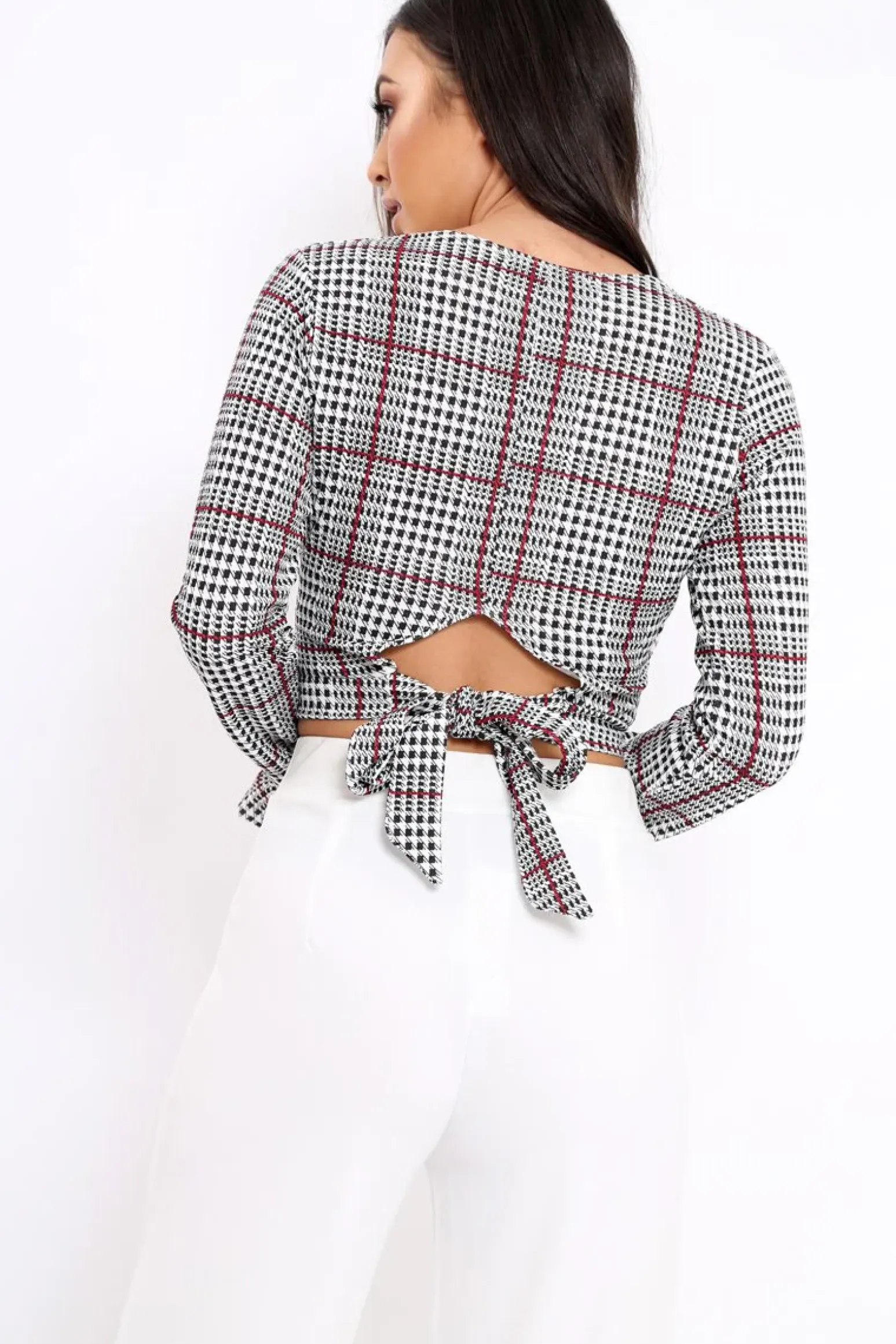 Rebellious Fashion Hound-Tooth Plunge Bell Sleeve Crop Top - Kryanna