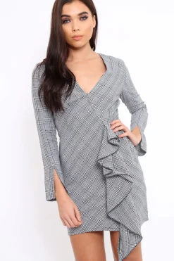 Rebellious Fashion Hound-Tooth V Plunge Ruffle Hem Mini Dress - Zahra