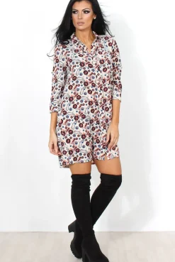 Rebellious Fashion Husi Cream Floral Print Shirt Dress
