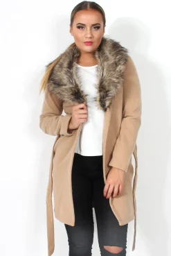 Rebellious Fashion Idella Camel Faux Fur Tie Jacket