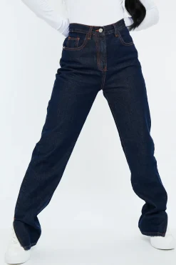 Rebellious Fashion Indigo Denim Straight Leg Side Split Jeans - Tashi