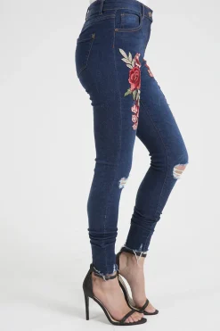 Rebellious Fashion Indigo Embroidered Distressed Raw Hem Skinny Jeans - Dolly