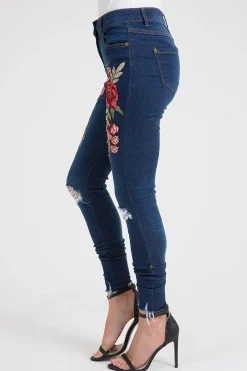 Rebellious Fashion Indigo Embroidered Distressed Raw Hem Skinny Jeans - Dolly