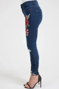 Rebellious Fashion Indigo Embroidered Distressed Raw Hem Skinny Jeans - Dolly