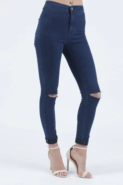 Rebellious Fashion Indigo High Waisted Ripped Knee Skinny Jeans - Amara