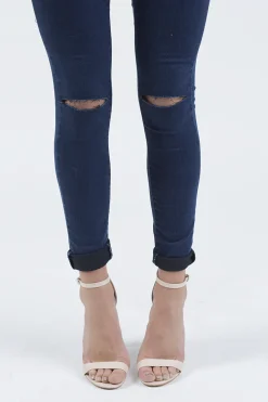 Rebellious Fashion Indigo High Waisted Ripped Knee Skinny Jeans - Amara