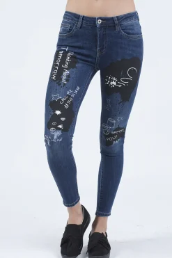Rebellious Fashion Indigo Mid Rise Slogan Studded Jeans - Kayleigh