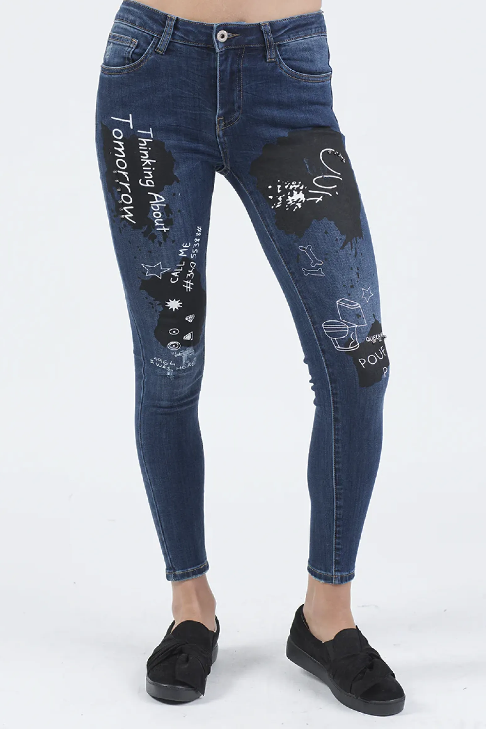 Rebellious Fashion Indigo Mid Rise Slogan Studded Jeans - Kayleigh