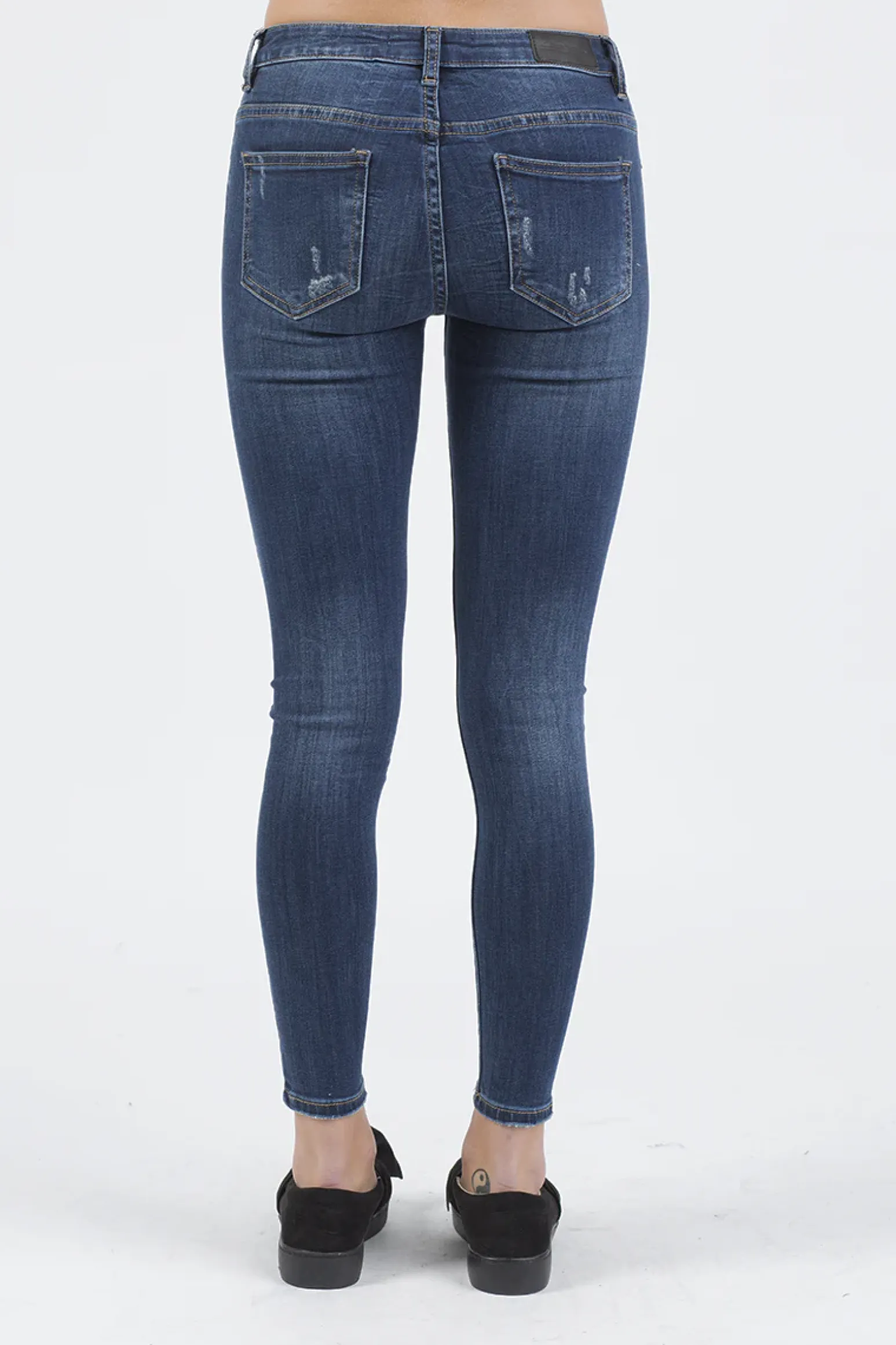 Rebellious Fashion Indigo Mid Rise Slogan Studded Jeans - Kayleigh