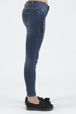 Rebellious Fashion Indigo Mid Rise Slogan Studded Jeans - Kayleigh