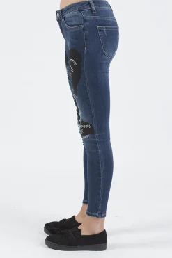 Rebellious Fashion Indigo Mid Rise Slogan Studded Jeans - Kayleigh