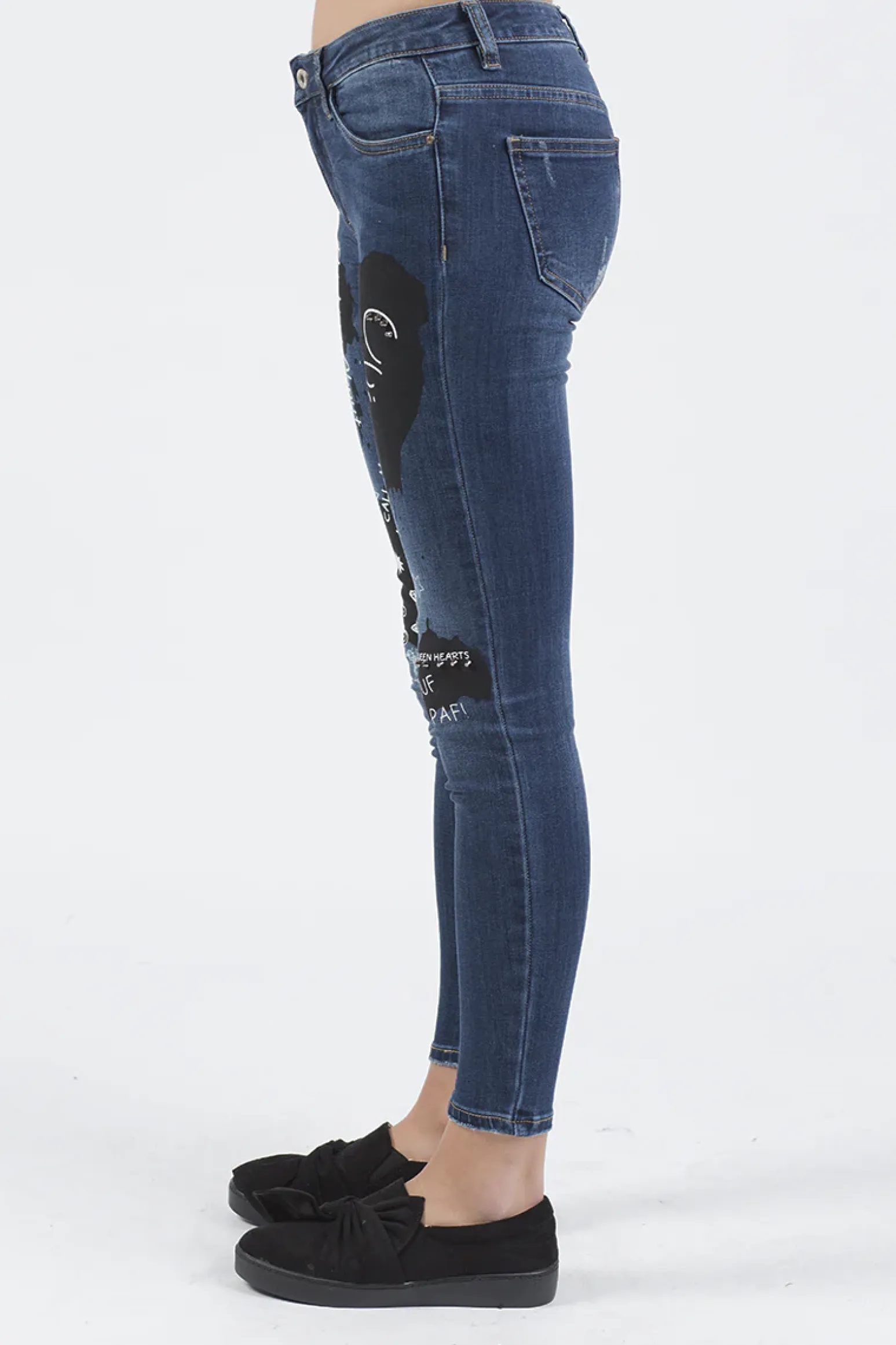 Rebellious Fashion Indigo Mid Rise Slogan Studded Jeans - Kayleigh